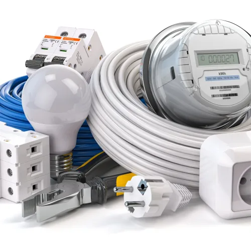 Electrical component and equipment. CIrcuit breaker, electric meter, cables, light bulb isolated on white. 3d illustration
